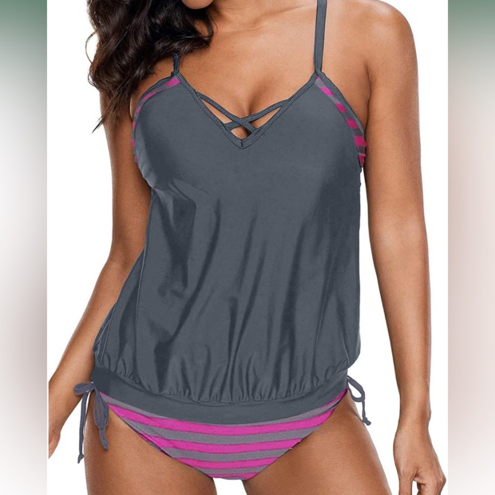 Gray and Pink Striped Women's Bikini Set